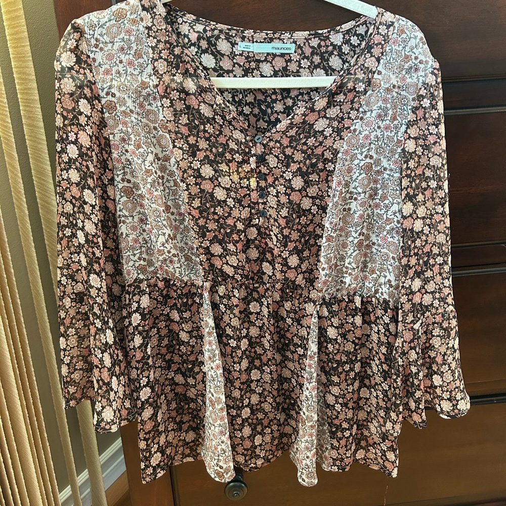 Maurices Floral Patchwork Blouse - Black, White, Pink